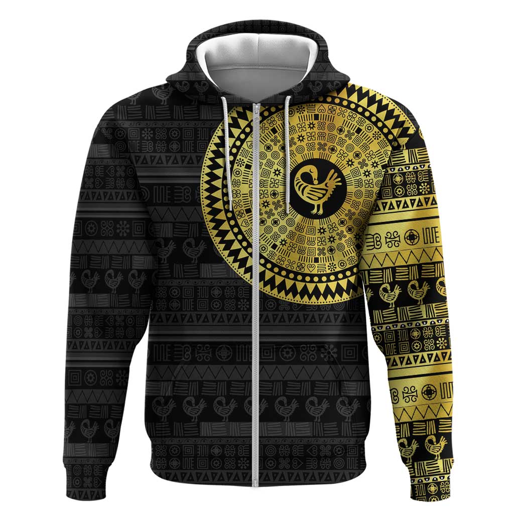 African Adinkra Zip Hoodie Sankofa Bird - Gold Version - Chest Arm Tattoo