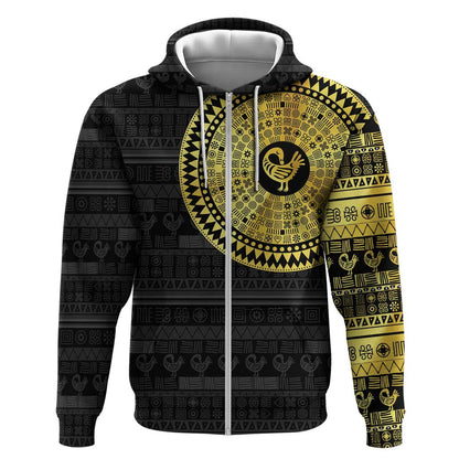 African Adinkra Zip Hoodie Sankofa Bird - Gold Version - Chest Arm Tattoo
