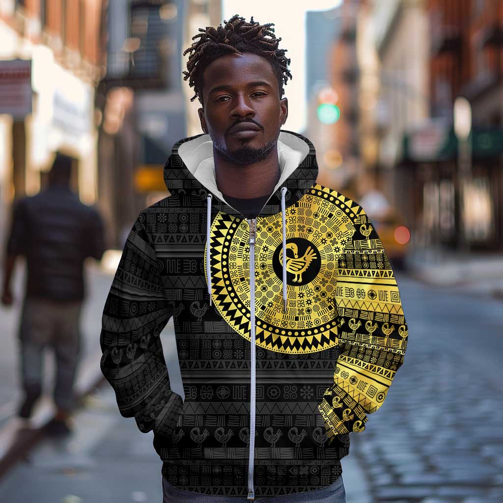 African Adinkra Zip Hoodie Sankofa Bird - Gold Version - Chest Arm Tattoo