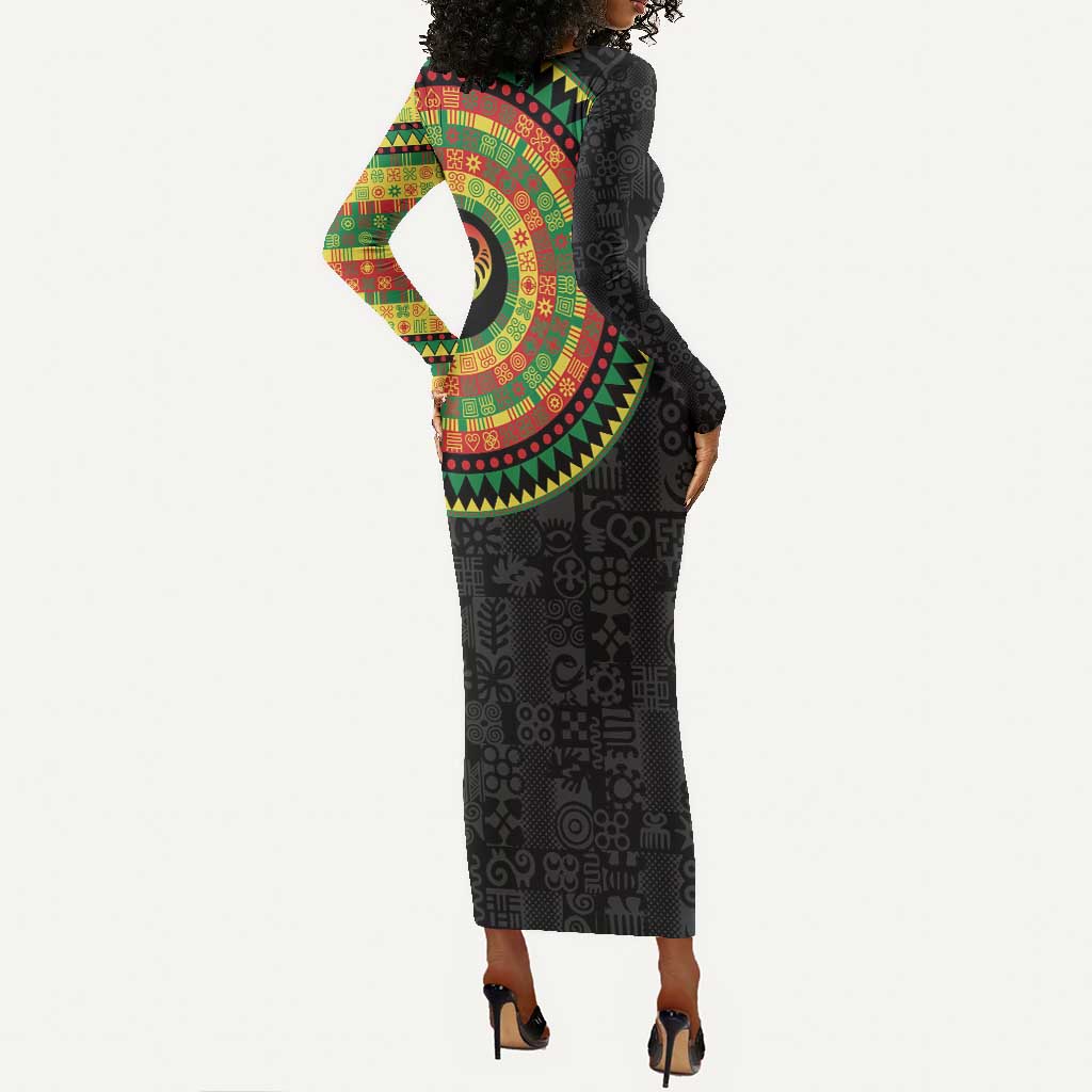 African Sankofa Bird Long Sleeve Bodycon Dress Adinkra Symbols - Chest Arm Tattoo LT15