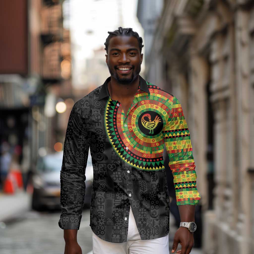 African Sankofa Bird Long Sleeve Button Shirt Adinkra Symbols - Chest Arm Tattoo