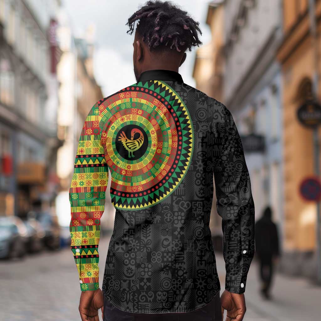 African Sankofa Bird Long Sleeve Button Shirt Adinkra Symbols - Chest Arm Tattoo