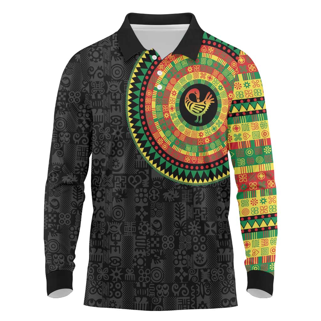 African Sankofa Bird Long Sleeve Polo Shirt Adinkra Symbols - Chest Arm Tattoo