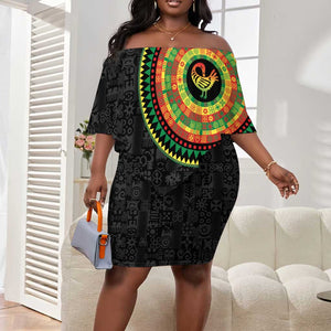 African Sankofa Bird Off Shoulder Short Dress Adinkra Symbols - Chest Arm Tattoo