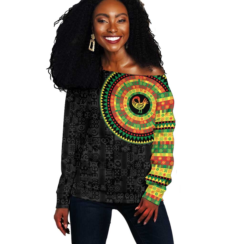 African Sankofa Bird Off Shoulder Sweater Adinkra Symbols - Chest Arm Tattoo