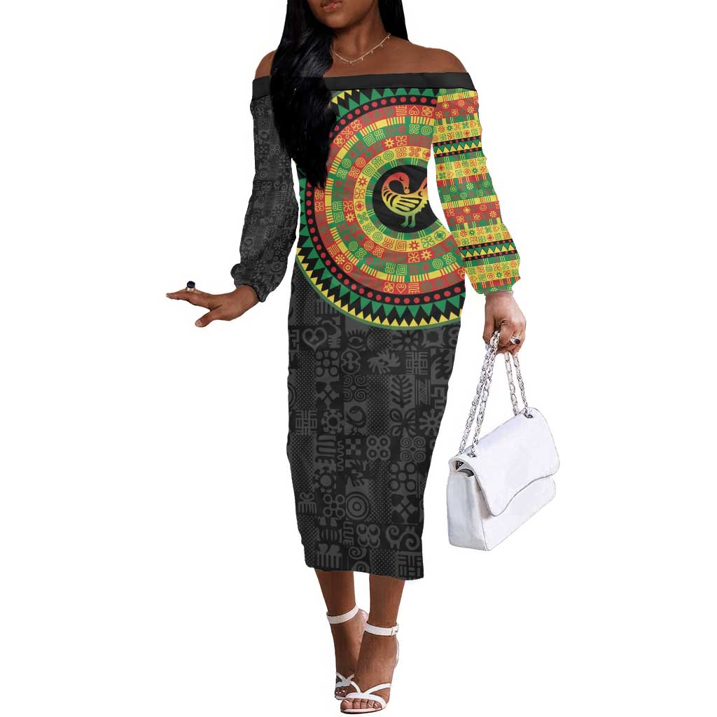 African Sankofa Bird Off The Shoulder Long Sleeve Dress Adinkra Symbols - Chest Arm Tattoo