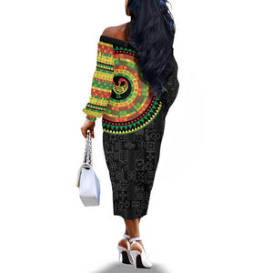 African Sankofa Bird Off The Shoulder Long Sleeve Dress Adinkra Symbols - Chest Arm Tattoo