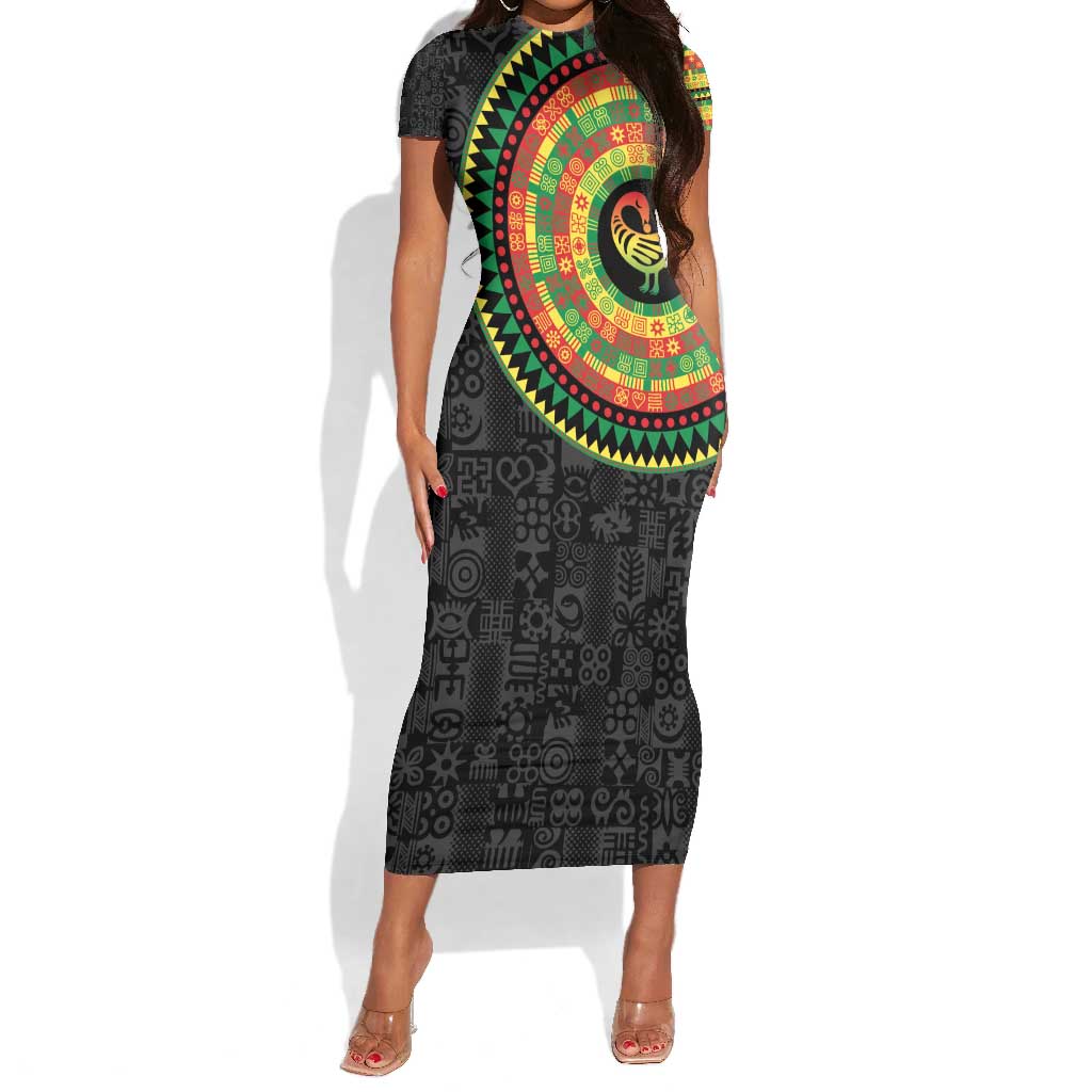 African Sankofa Bird Short Sleeve Bodycon Dress Adinkra Symbols - Chest Arm Tattoo