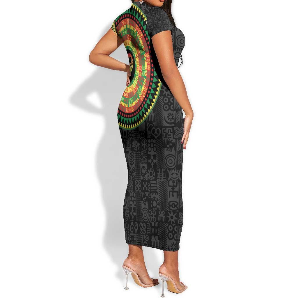 African Sankofa Bird Short Sleeve Bodycon Dress Adinkra Symbols - Chest Arm Tattoo