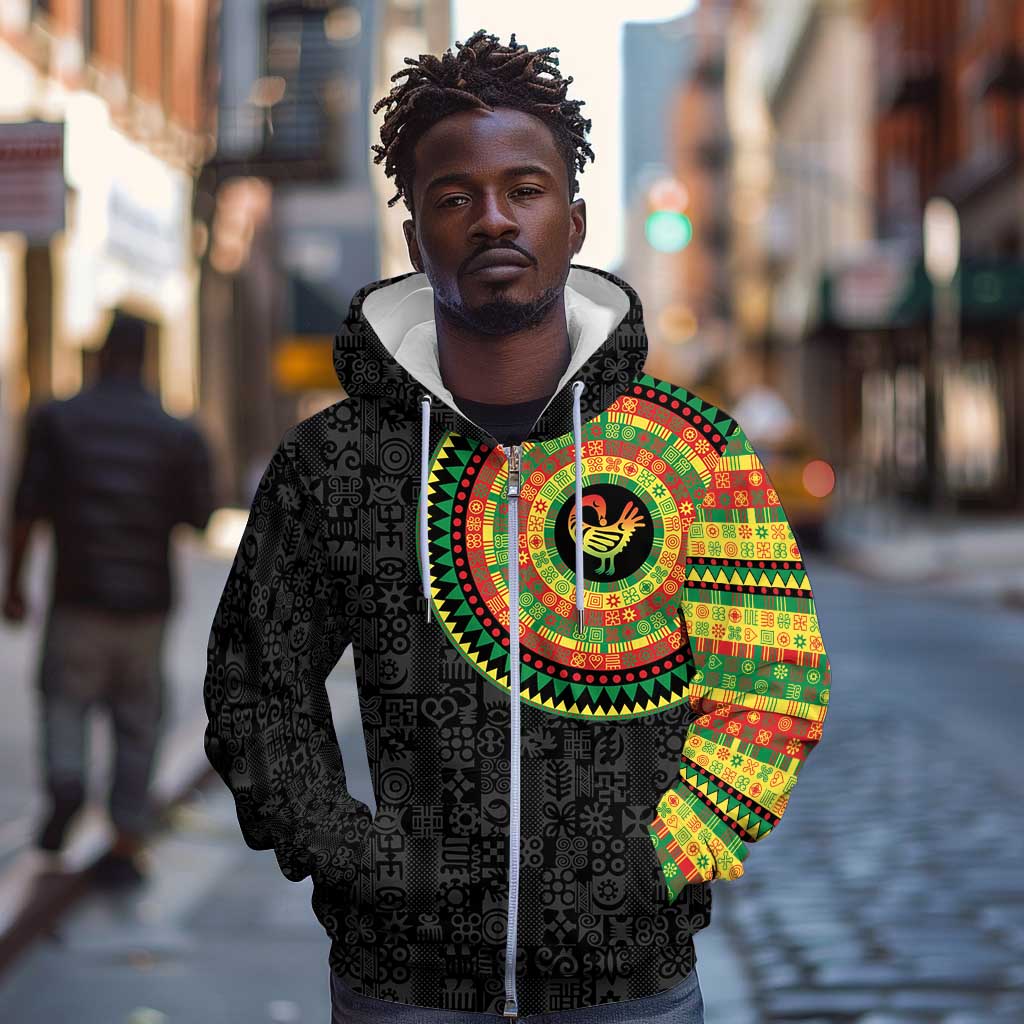 African Sankofa Bird Zip Hoodie Adinkra Symbols - Chest Arm Tattoo