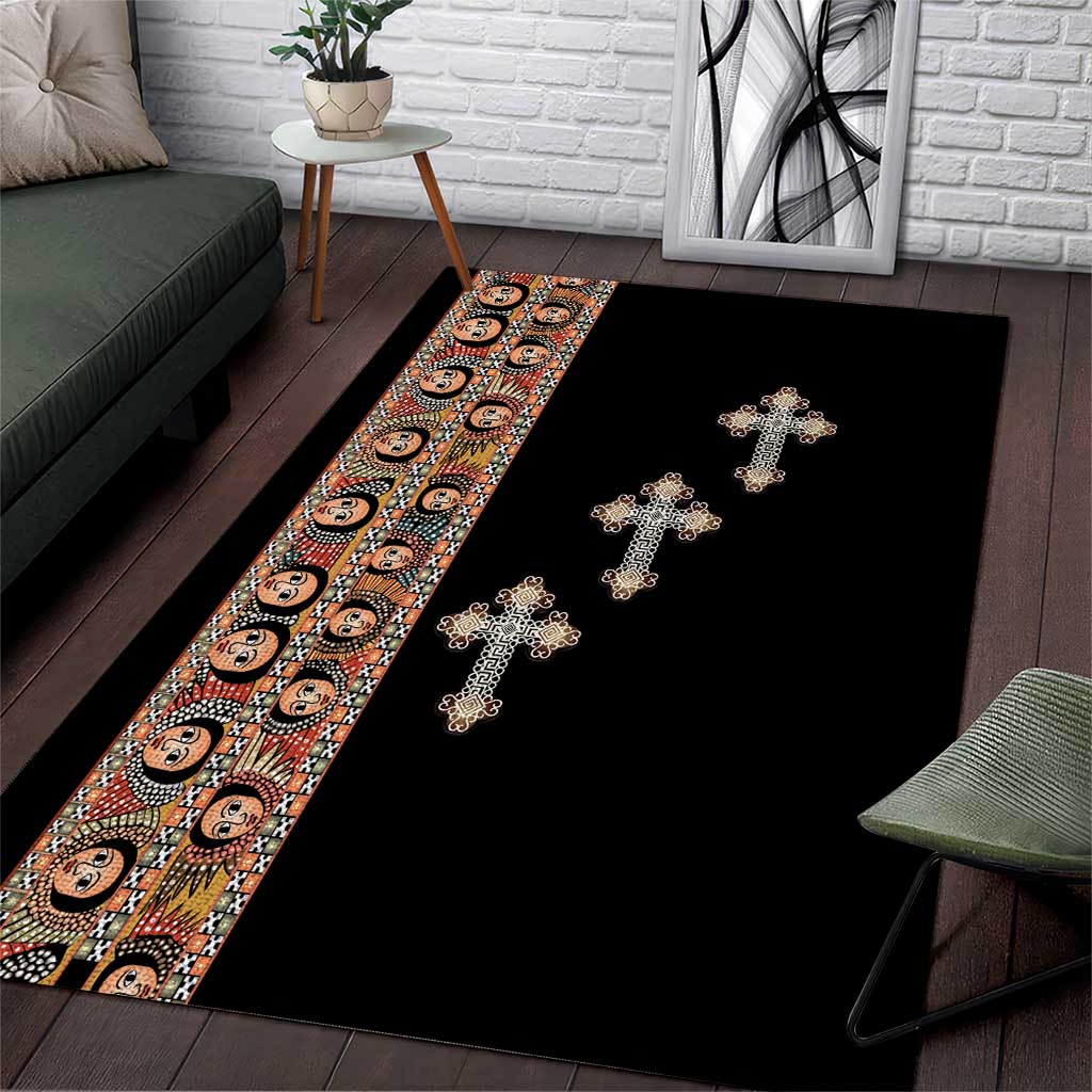 Ethiopia Angels Tilet With Cross Area Rug Black Color