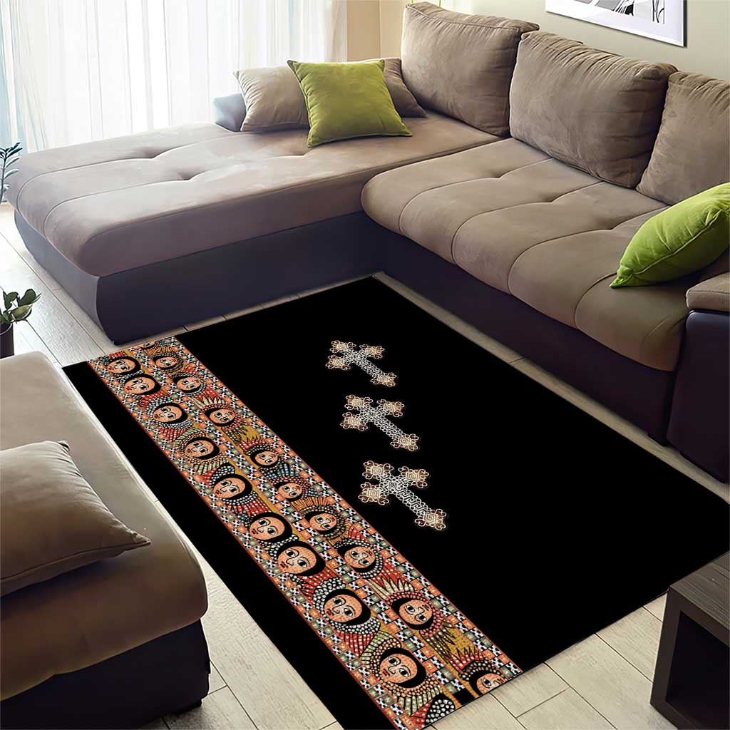 Ethiopia Angels Tilet With Cross Area Rug Black Color