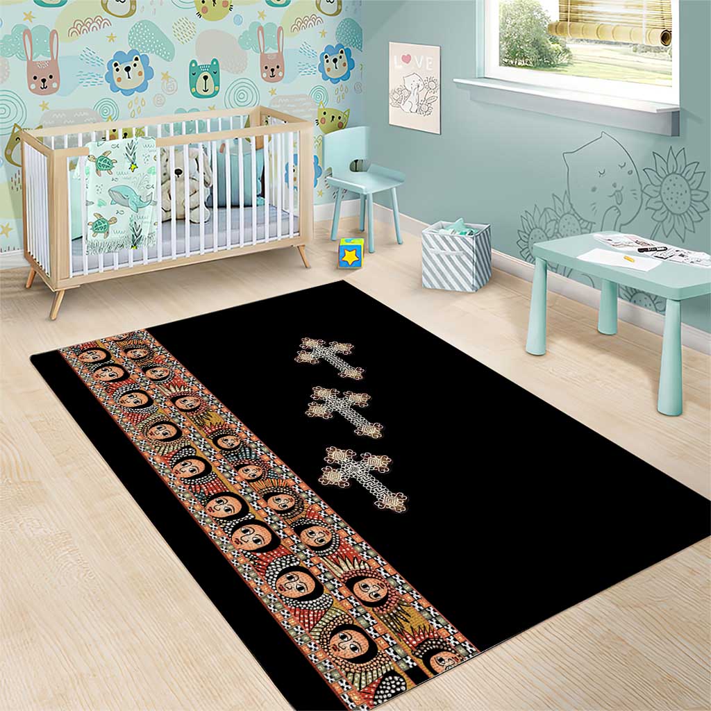 Ethiopia Angels Tilet With Cross Area Rug Black Color