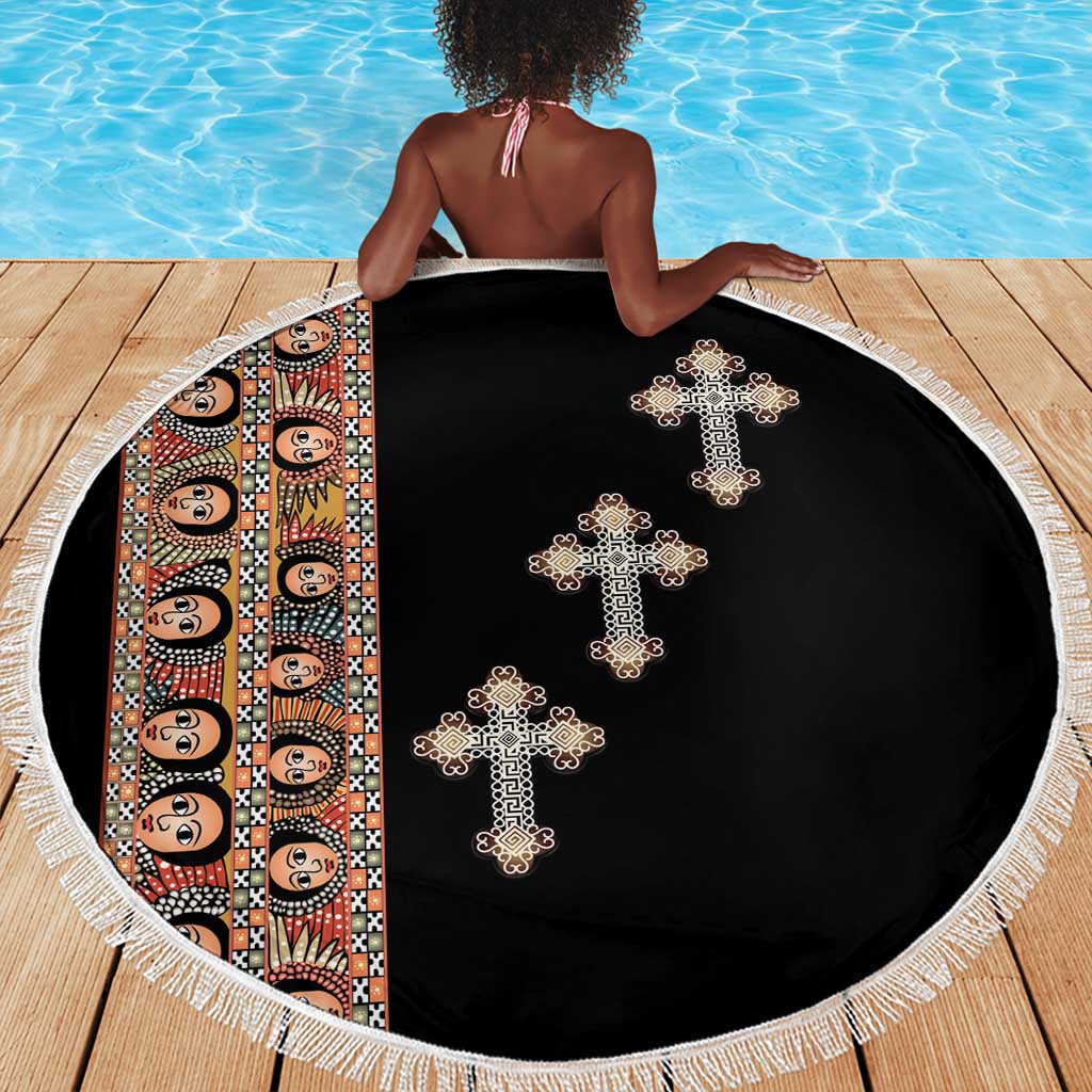 Ethiopia Angels Tilet With Cross Beach Blanket Black Color
