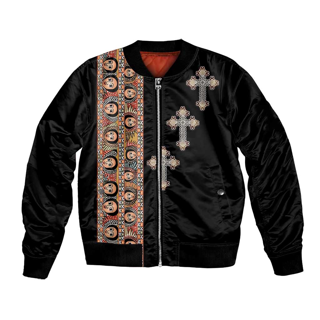 Ethiopia Angels Tilet With Cross Bomber Jacket Black Color