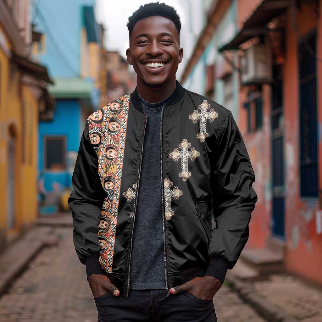 Ethiopia Angels Tilet With Cross Bomber Jacket Black Color