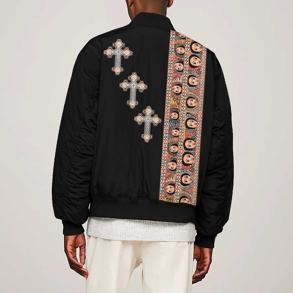 Ethiopia Angels Tilet With Cross Bomber Jacket Black Color