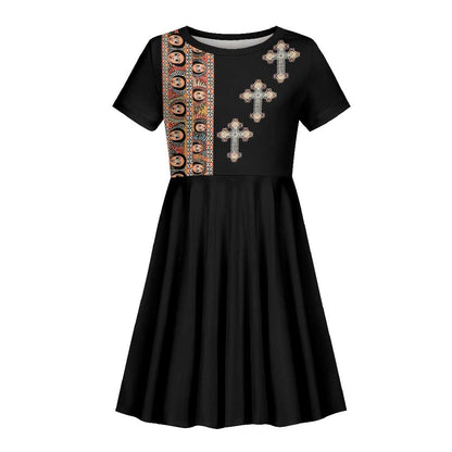 Ethiopia Angels Tilet With Cross Kid Short Sleeve Dress Black Color