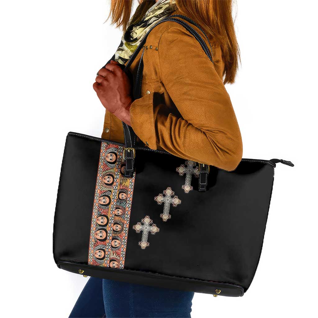 Ethiopia Angels Tilet With Cross Leather Tote Bag Black Color