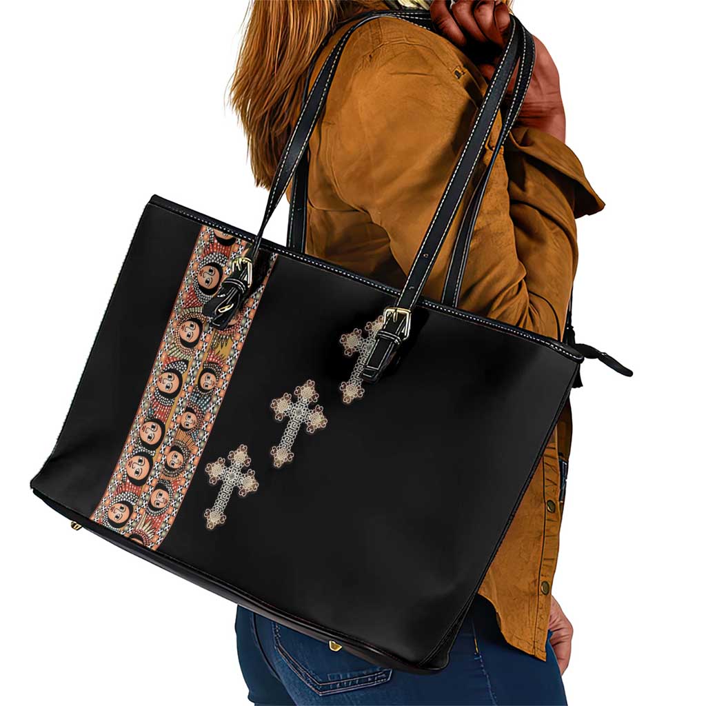 Ethiopia Angels Tilet With Cross Leather Tote Bag Black Color