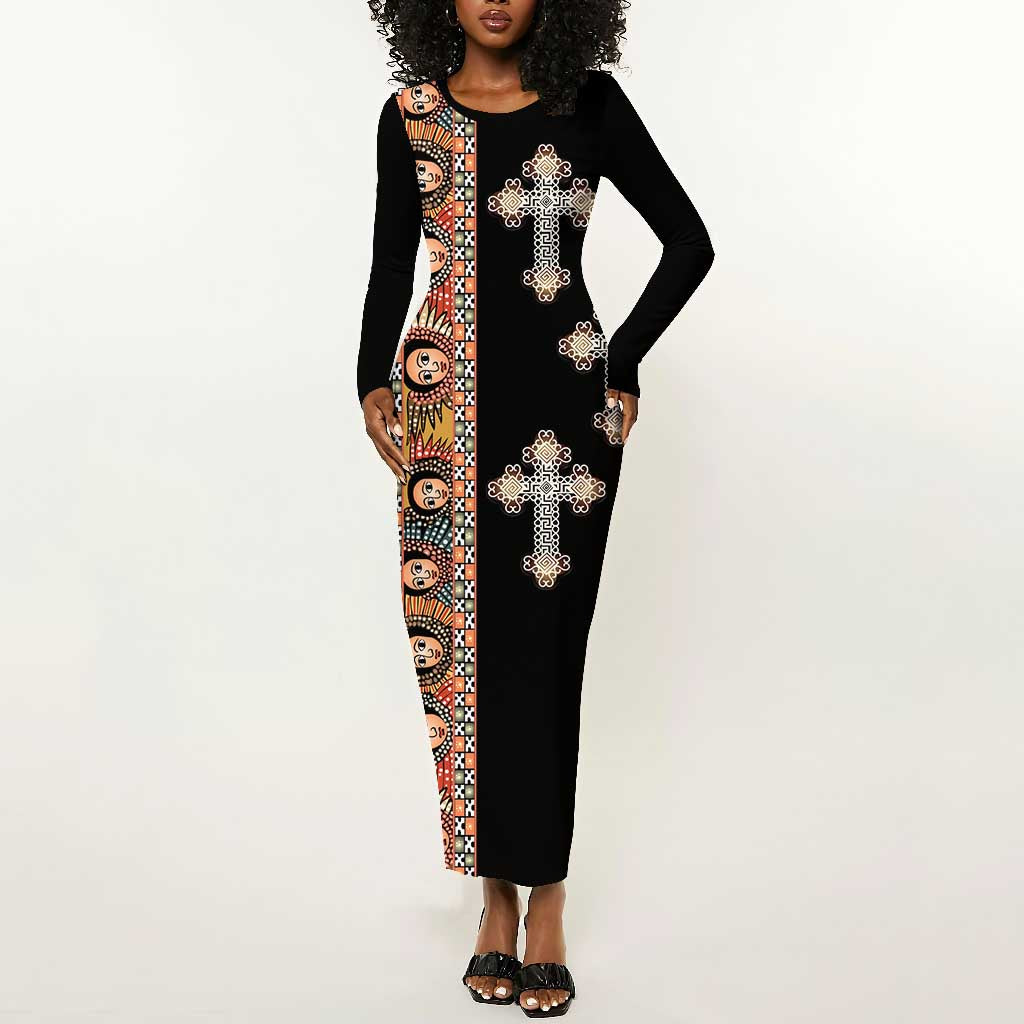 Ethiopia Angels Tilet With Cross Long Sleeve Bodycon Dress Black Color LT15