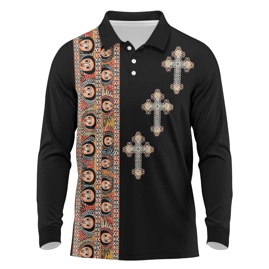 Ethiopia Angels Tilet With Cross Long Sleeve Polo Shirt Black Color