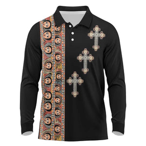 Ethiopia Angels Tilet With Cross Long Sleeve Polo Shirt Black Color