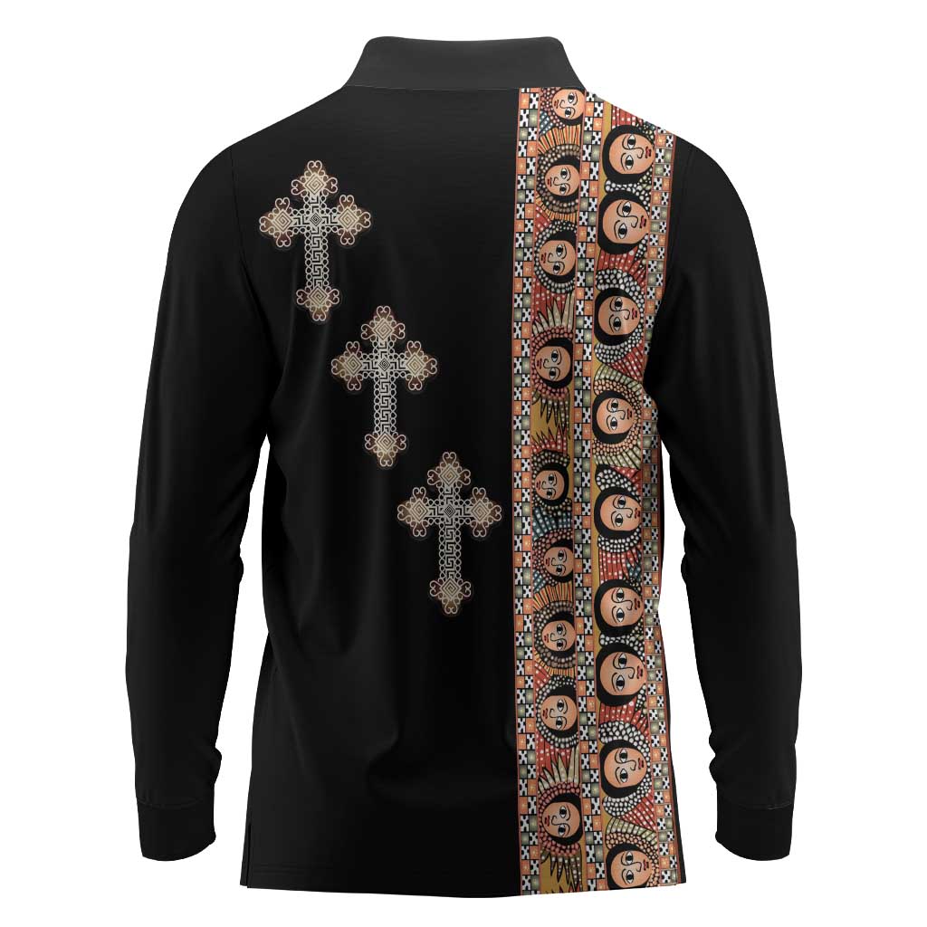 Ethiopia Angels Tilet With Cross Long Sleeve Polo Shirt Black Color