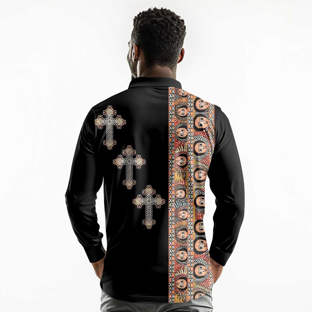 Ethiopia Angels Tilet With Cross Long Sleeve Polo Shirt Black Color