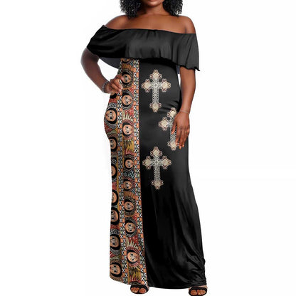 Ethiopia Angels Tilet With Cross Off Shoulder Maxi Dress Black Color