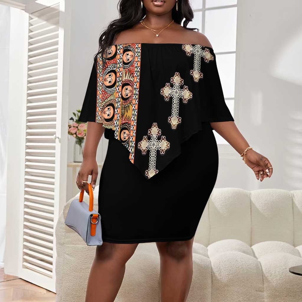 Ethiopia Angels Tilet With Cross Off Shoulder Short Dress Black Color