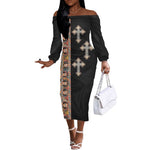 Ethiopia Angels Tilet With Cross Off The Shoulder Long Sleeve Dress Black Color
