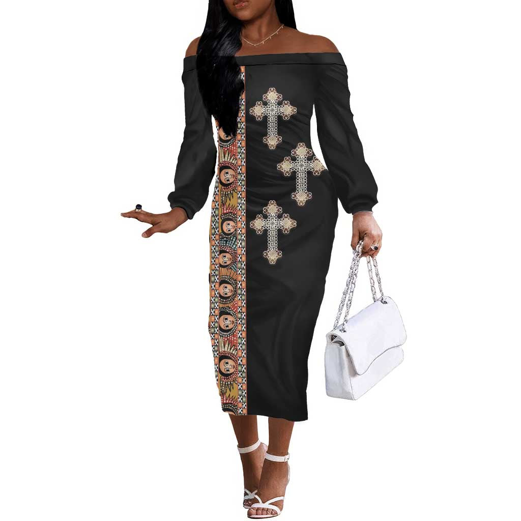 Ethiopia Angels Tilet With Cross Off The Shoulder Long Sleeve Dress Black Color