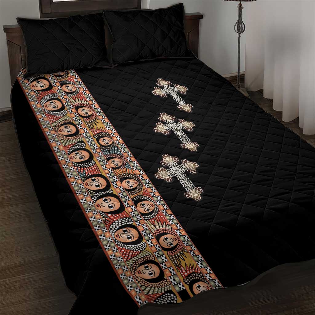 Ethiopia Angels Tilet With Cross Quilt Bed Set Black Color
