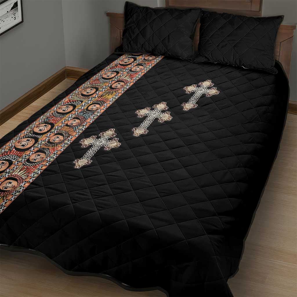 Ethiopia Angels Tilet With Cross Quilt Bed Set Black Color