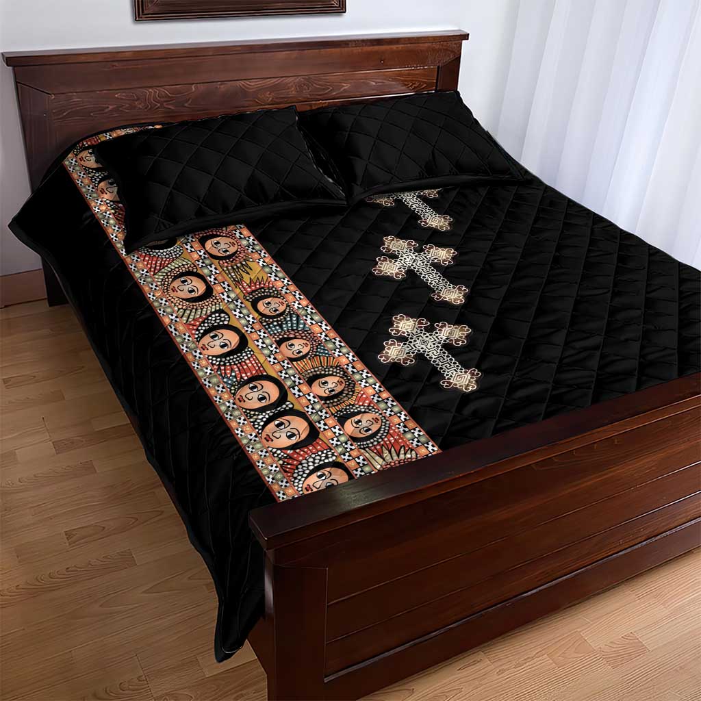Ethiopia Angels Tilet With Cross Quilt Bed Set Black Color