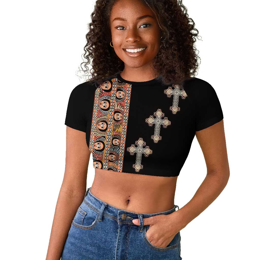 Ethiopia Angels Tilet With Cross Raglan Cropped T shirt Black Color