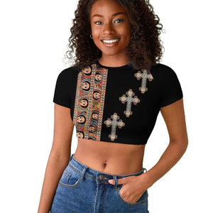 Ethiopia Angels Tilet With Cross Raglan Cropped T shirt Black Color