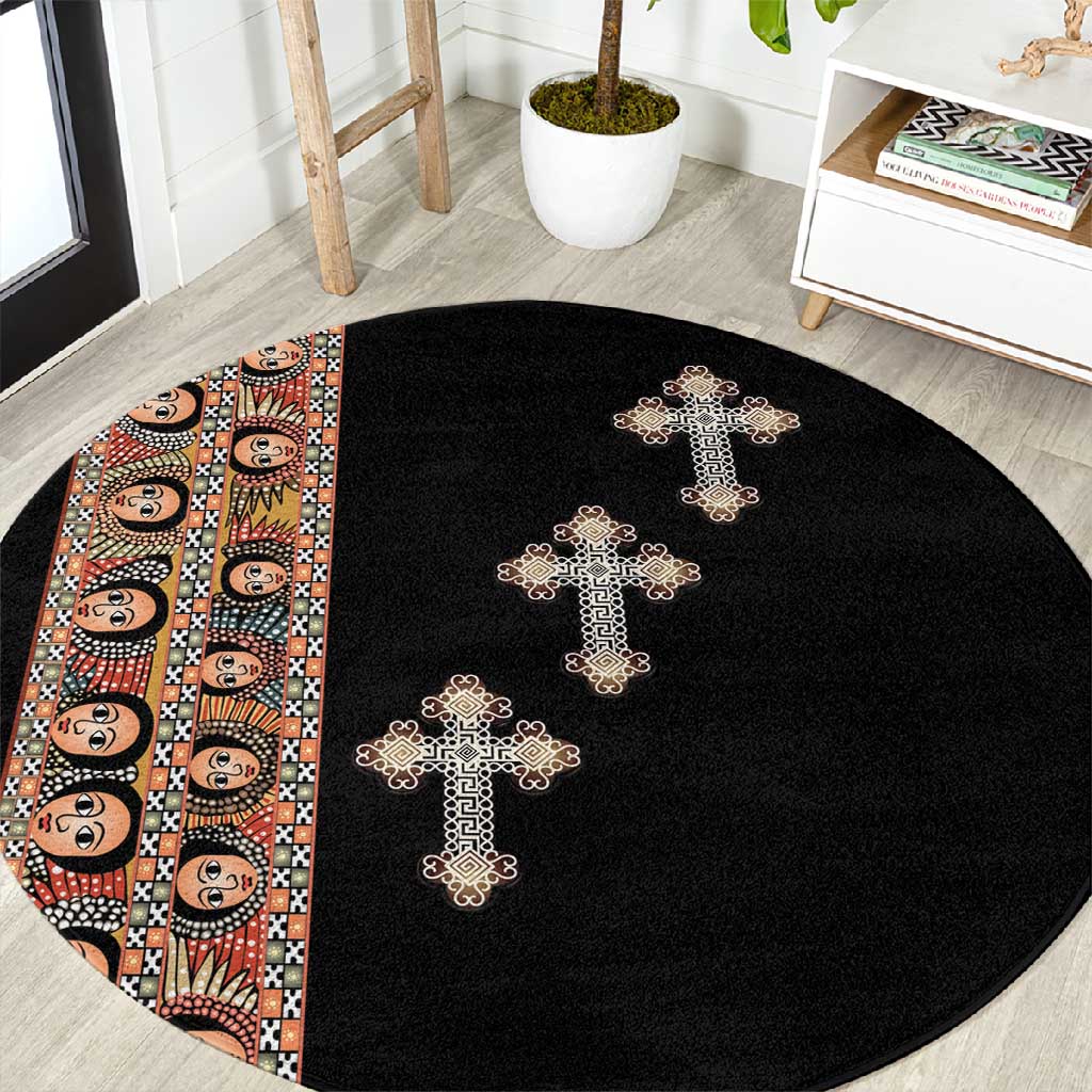 Ethiopia Angels Tilet With Cross Round Carpet Black Color