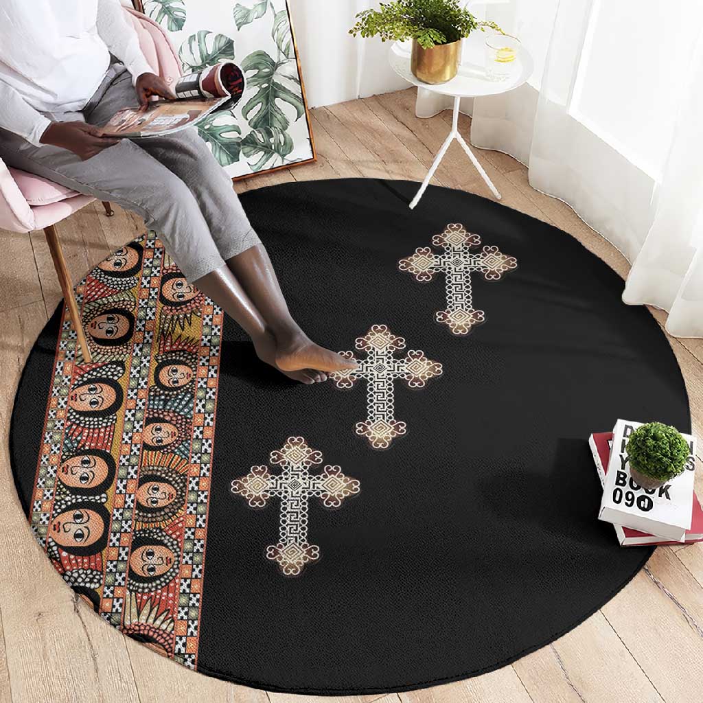 Ethiopia Angels Tilet With Cross Round Carpet Black Color