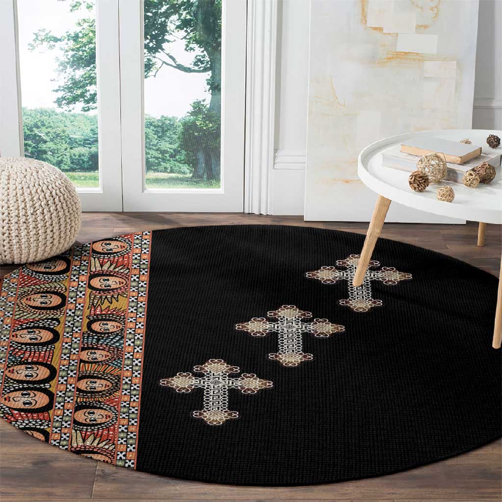Ethiopia Angels Tilet With Cross Round Carpet Black Color