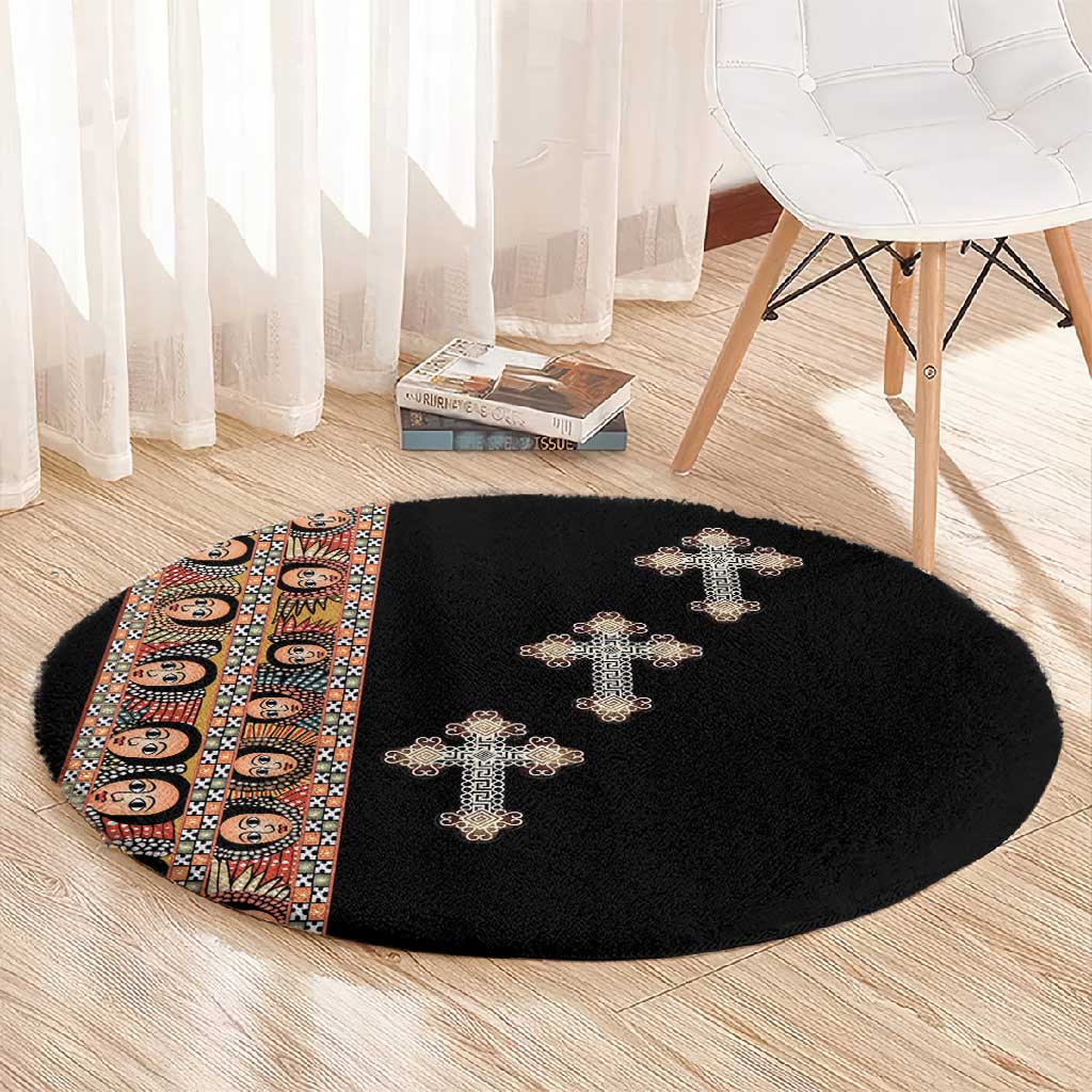 Ethiopia Angels Tilet With Cross Round Carpet Black Color
