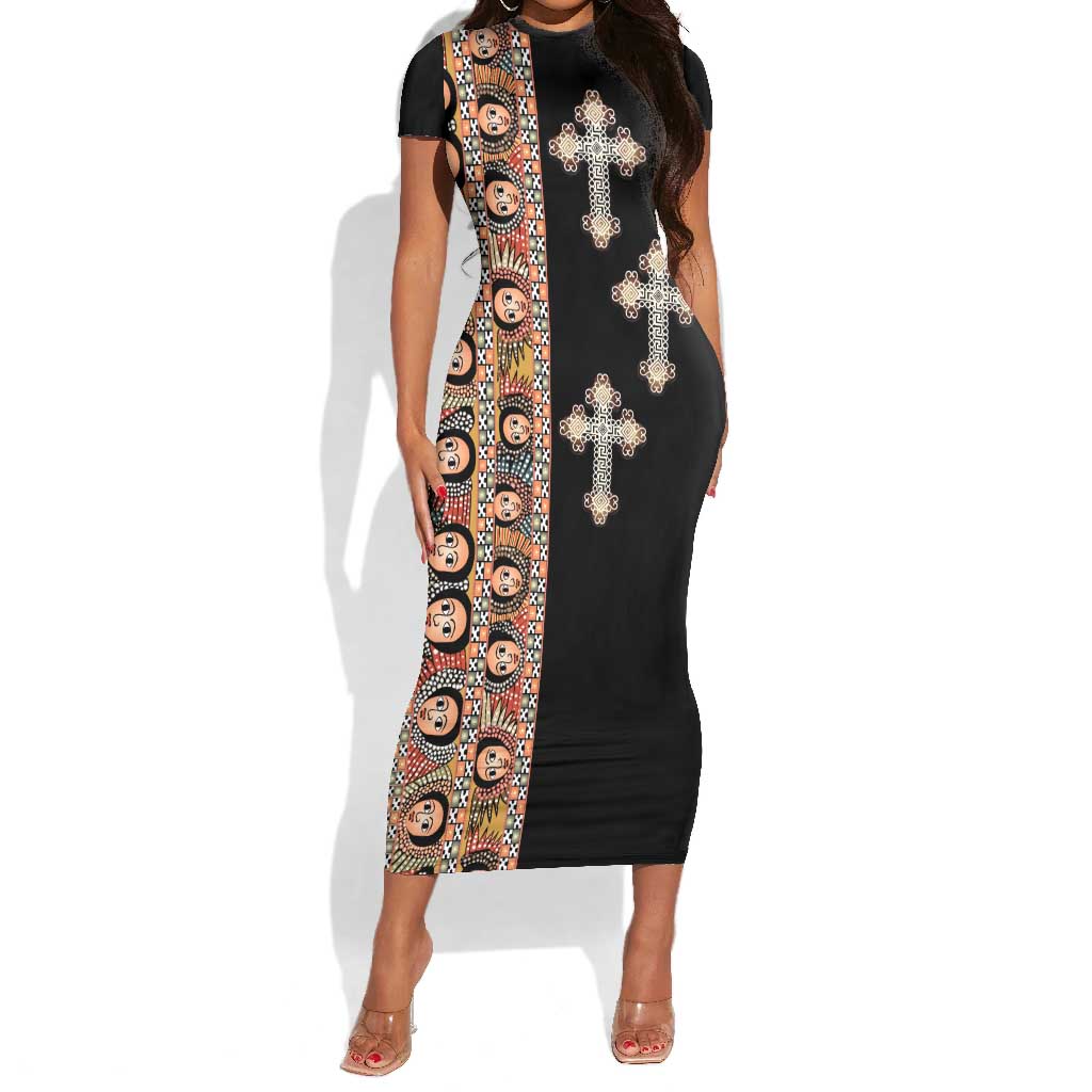Ethiopia Angels Tilet With Cross Short Sleeve Bodycon Dress Black Color LT15