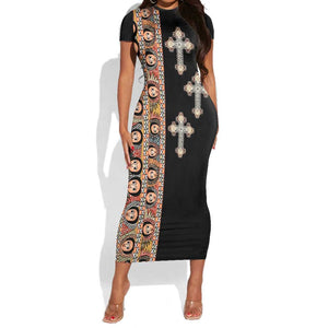 Ethiopia Angels Tilet With Cross Short Sleeve Bodycon Dress Black Color LT15