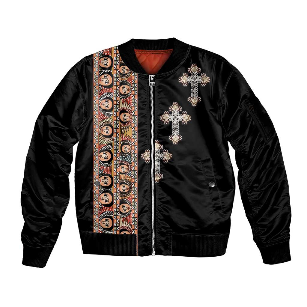 Ethiopia Angels Tilet With Cross Sleeve Zip Bomber Jacket Black Color