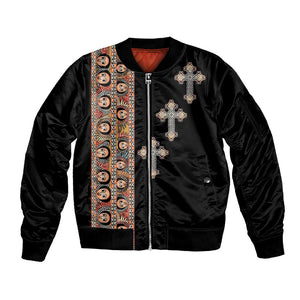 Ethiopia Angels Tilet With Cross Sleeve Zip Bomber Jacket Black Color