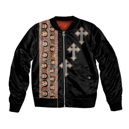 Ethiopia Angels Tilet With Cross Sleeve Zip Bomber Jacket Black Color