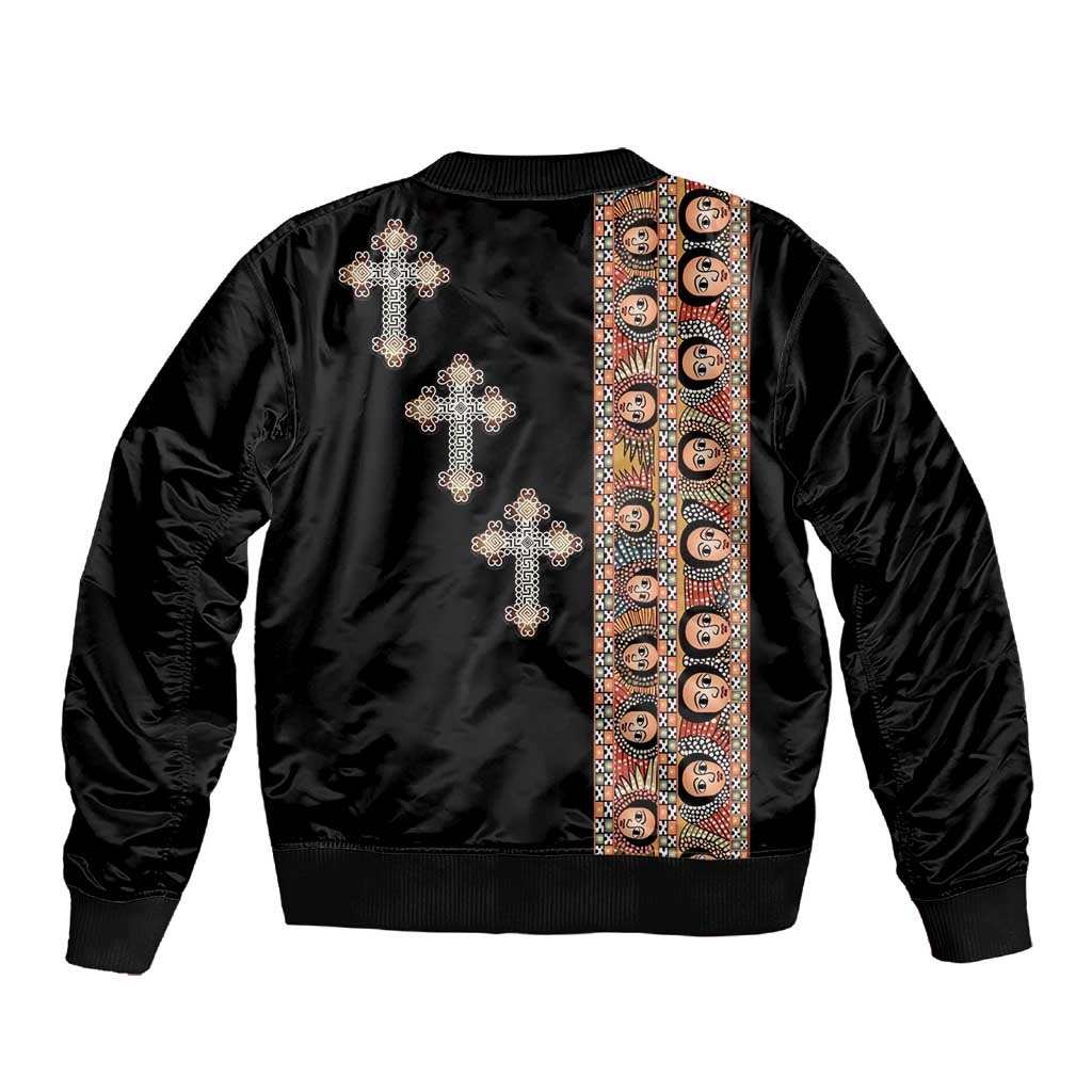 Ethiopia Angels Tilet With Cross Sleeve Zip Bomber Jacket Black Color