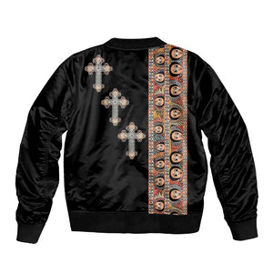 Ethiopia Angels Tilet With Cross Sleeve Zip Bomber Jacket Black Color