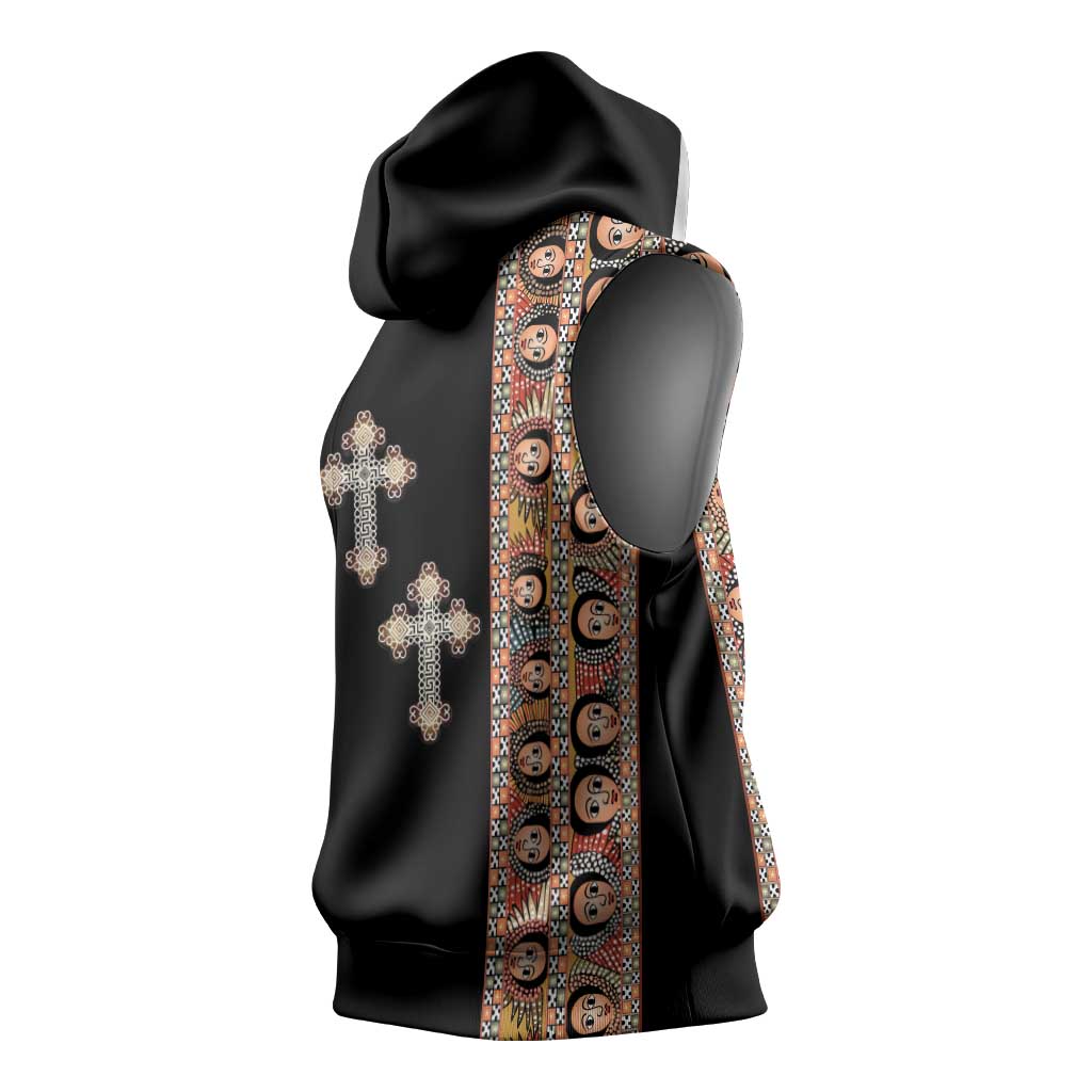 Ethiopia Angels Tilet With Cross Sleeveless Hoodie Black Color - African Pride